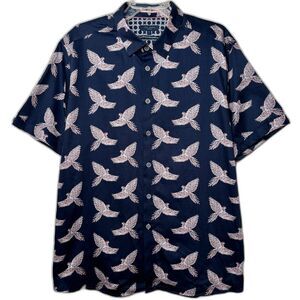 Ted Baker London Shirt Sz 7 (3XL) Navy Blue Bird Print 100% Cotton Short‎ Sleeve